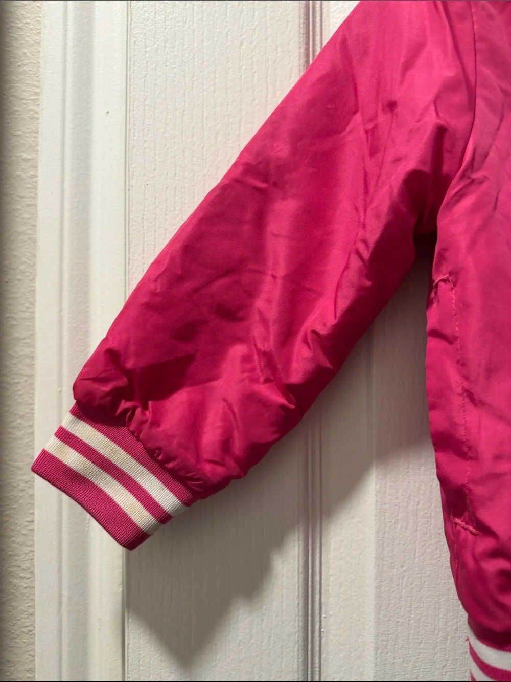 Barbie Hot Pink Kids Puffer Jacket with Striped Trim Size 4-5